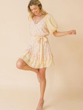 Lovecolette Yellow & Pink Floral Print Mini Dress Size L.